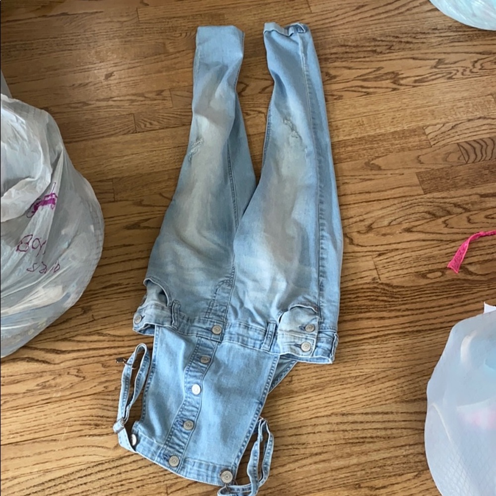 light blue denim overalls